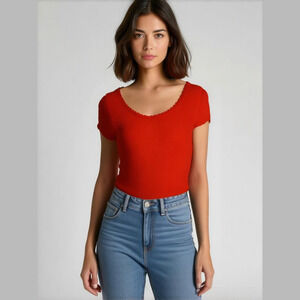 Ambiance Red Ribbed Lettuce-Edge Y2K Top S